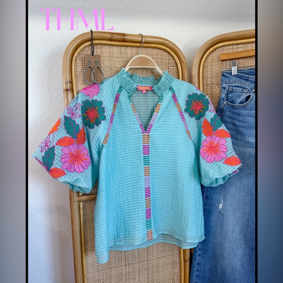 THML Tops - THML Aqua Peasant Top with Pink & Orange Floral Sleeves